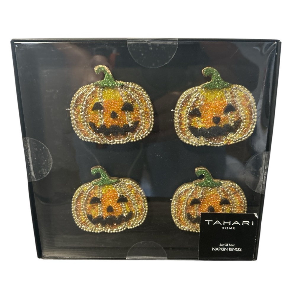 Tahari Set Of 4 Napkin Rings Beaded Jack-O-Lanterns Halloween/Fall Decor NIB